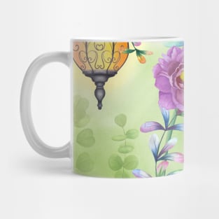 Vintage streetlights with peony flowers and colorful leaves ornament. Fairy spring garden watercolor illustration. Enchanted romantic scenery Mug
